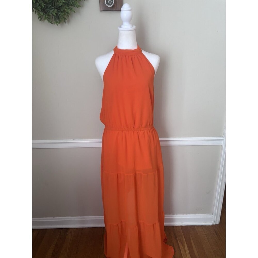 NWT Pretty Garden Womens Size L Orange Tiered Maxi Dress Halter Style Sleeveless